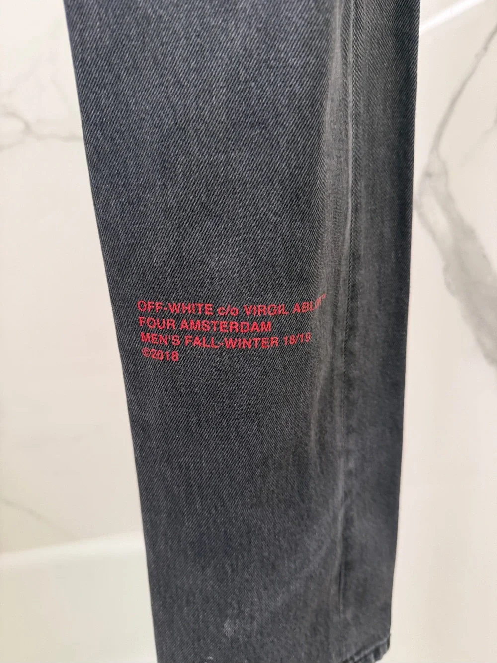 Men's Black Denim Jeans with Embroidered Red Diagonal Accents - Picture 3 of 8